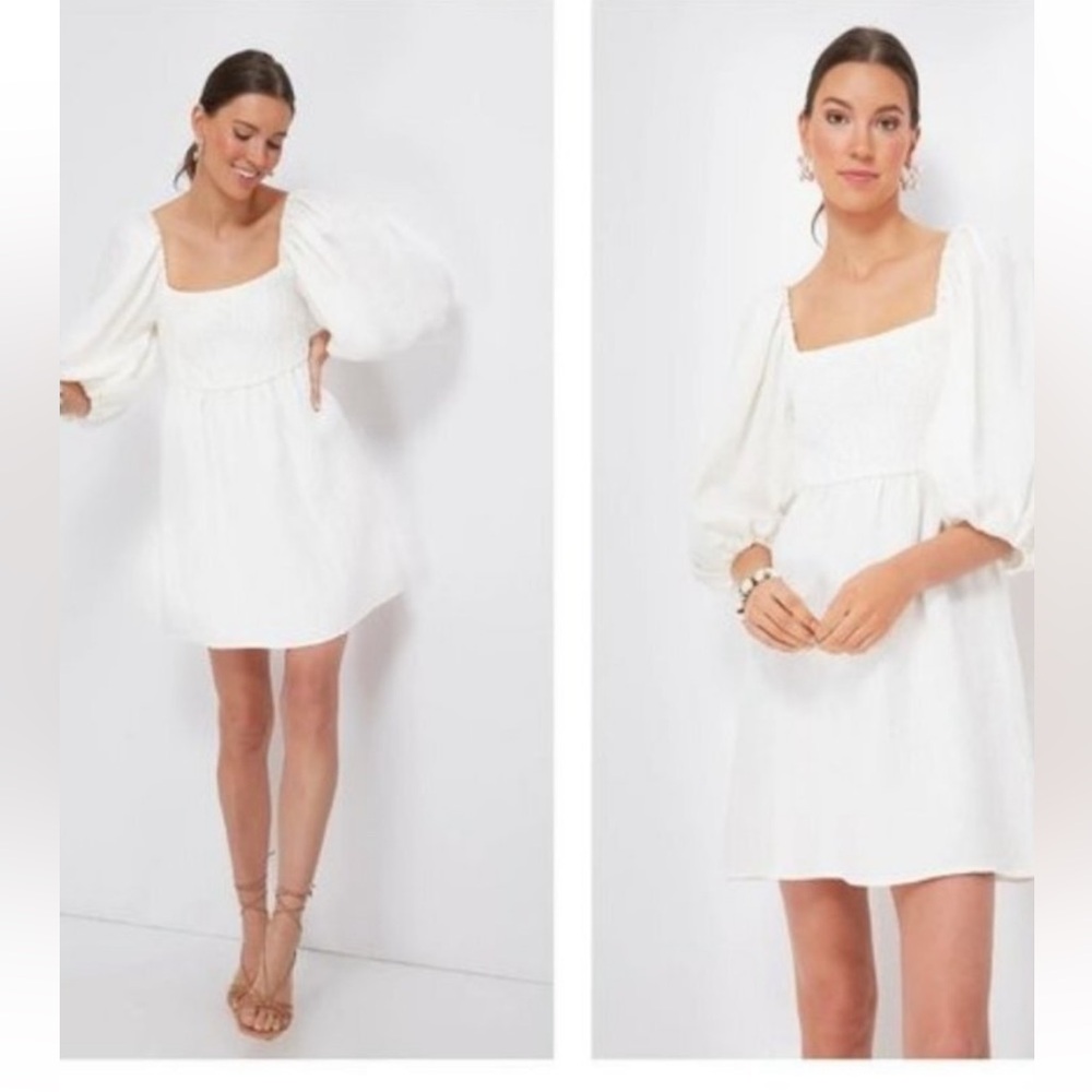 Tuckernuck Annie White linen smocked Mini Dress